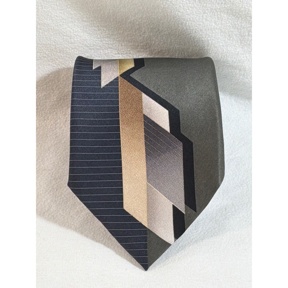 David Taylor Mens Silk Necktie Geometric Abstract Grey Navy Gold Pinstripe 4"